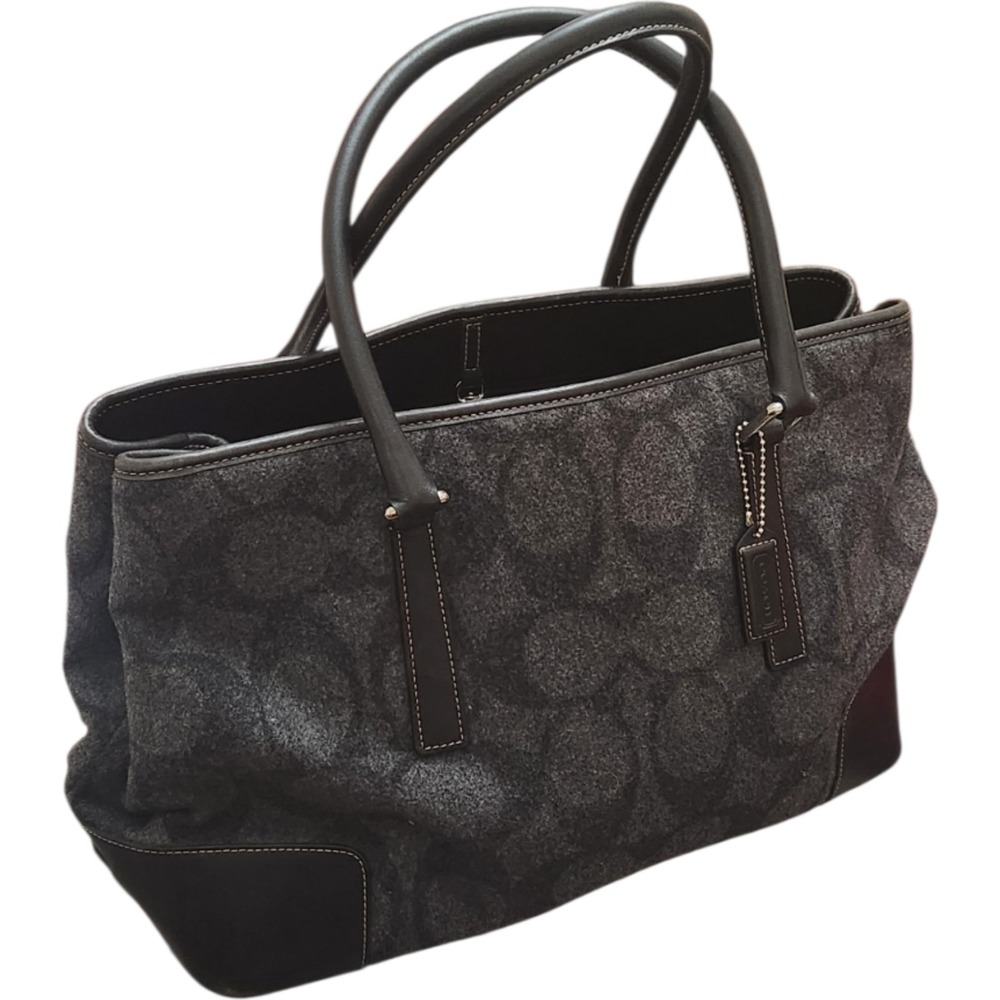 Coach Signature Wool Tote Bag Charcoal Grey Black Leather Trim F1J-7721
